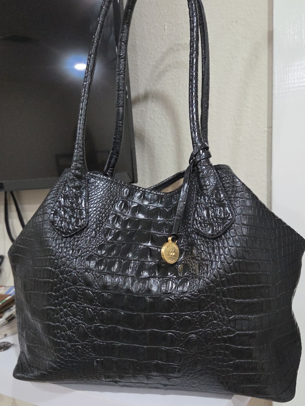 Brahmin Black Croc-Embossed Tote Bag with Gold Charm